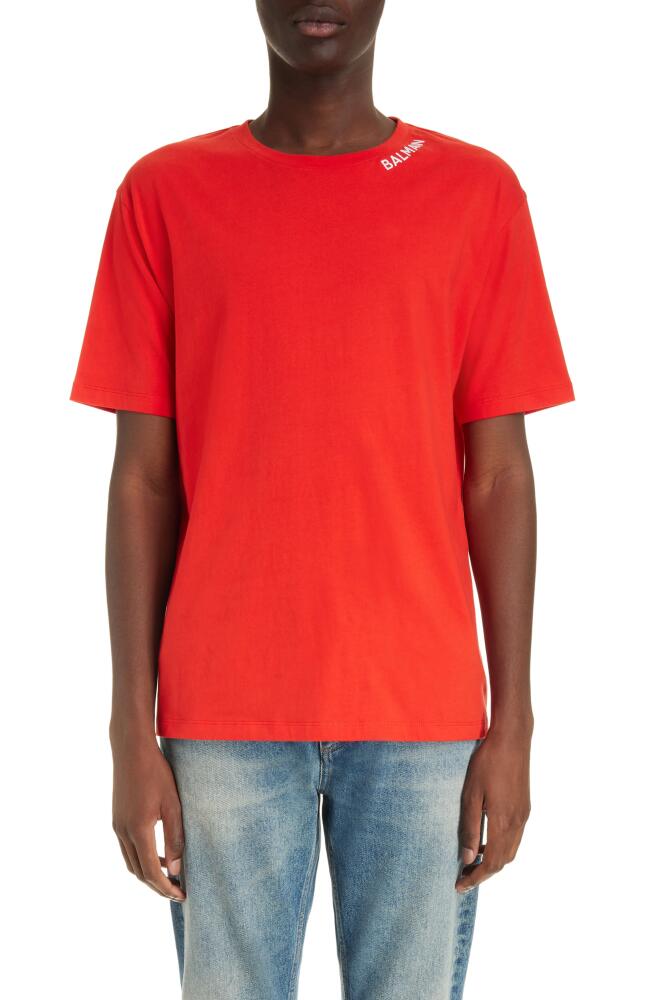 Balmain Logo Embroidered Organic Cotton T-Shirt in Mef Red/White Cover