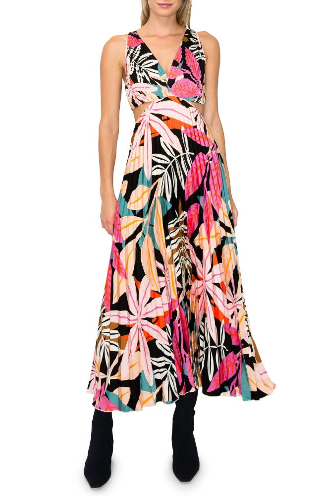 MELLODAY Leaf Print Pleated Cutout Maxi Dress in Black Multi Cover