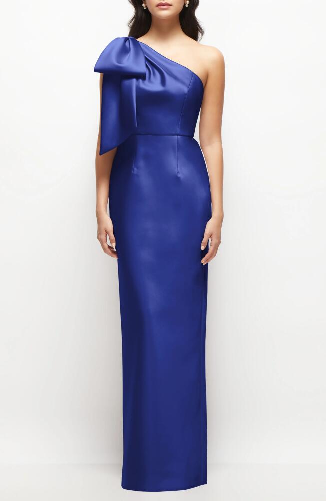 Alfred Sung Bow Detail One-Shoulder Satin Twill Column Gown in Cobalt Blue Cover