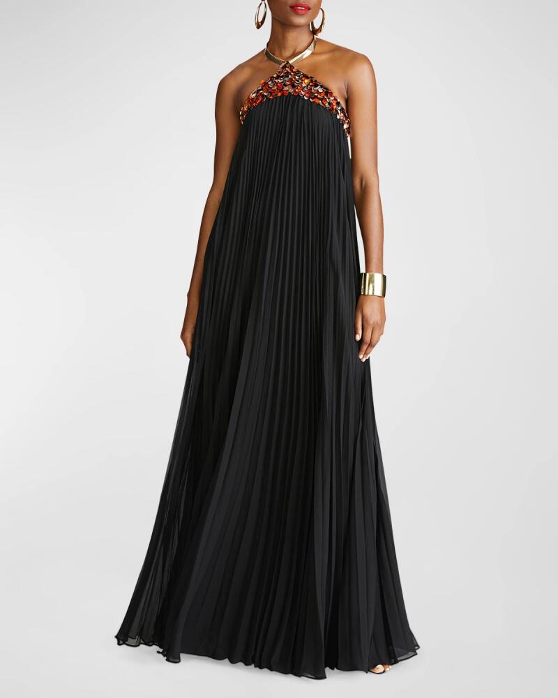 Halston Pythia Pleated Sequin-Embellished Trapeze Gown Cover