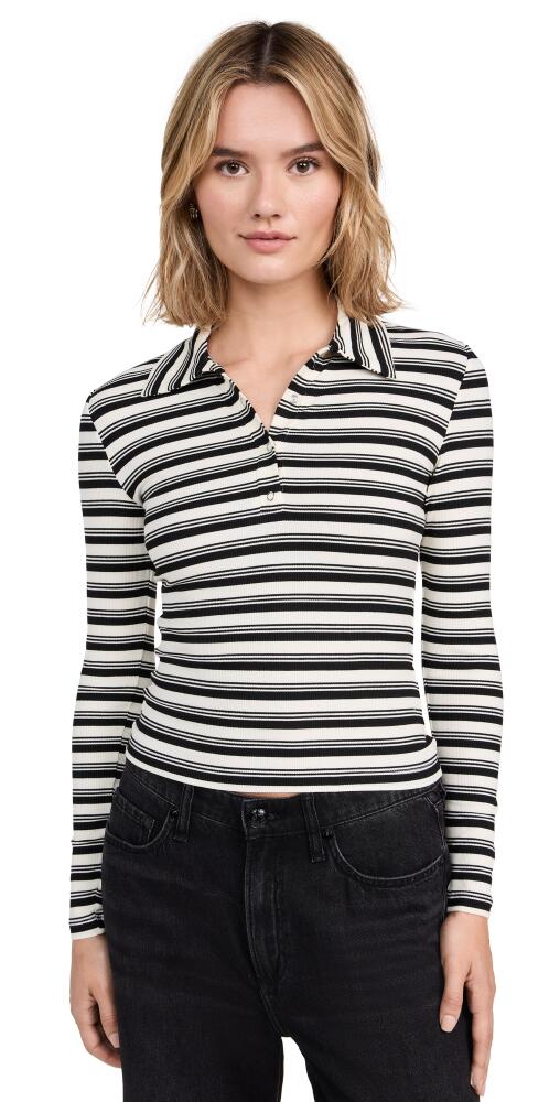 LNA Sylvie Collared Ribbed Long Sleeve Tee Black Multi Stripe Cover