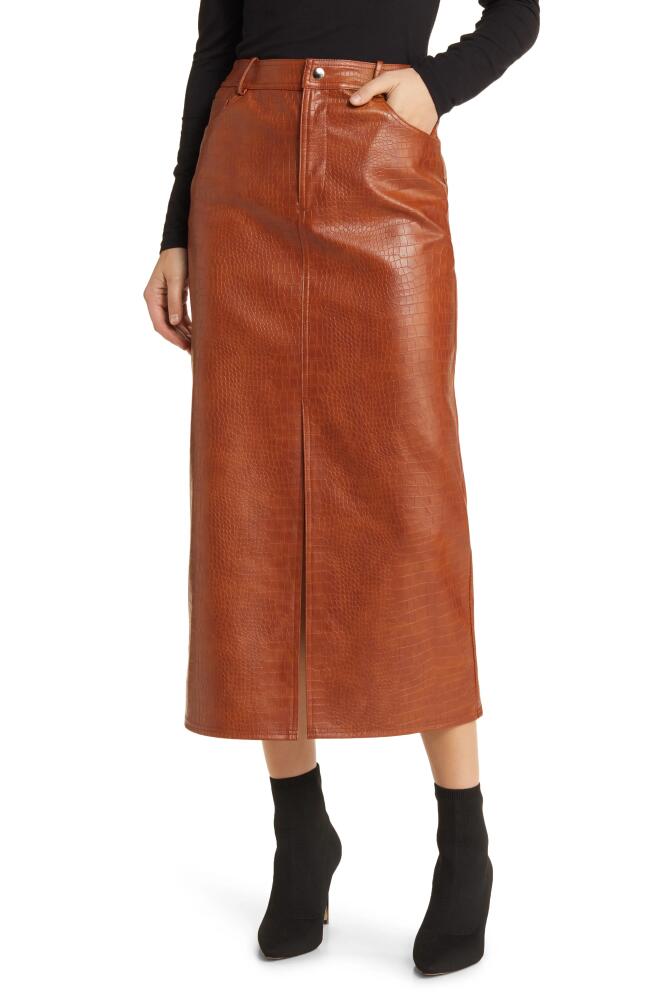 WAYF Roberta Croc Embossed Faux Leather Midi Skirt in Brown Cover