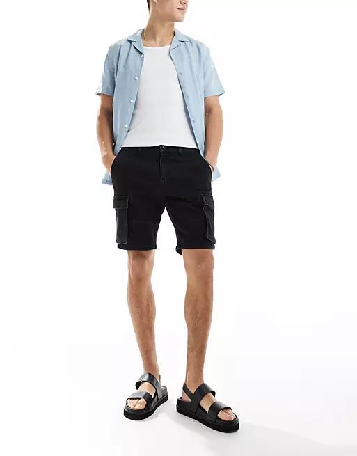 Only & Sons slim fit denim cargo short in washed black Cover