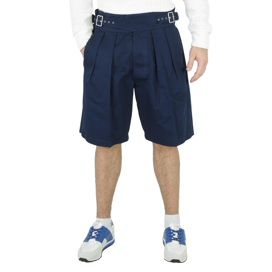 Maison Margiela Mens Dark Blue Pleated Buckled Bermuda Shorts Cover