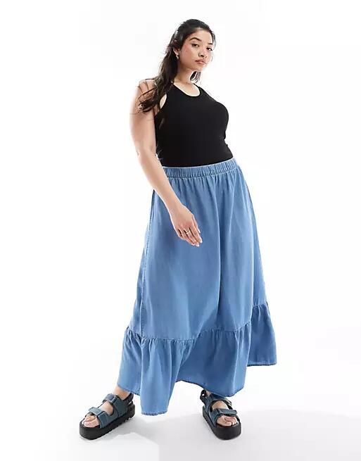 Vero Moda Curve layered maxi skirt in medium blue denim Cover