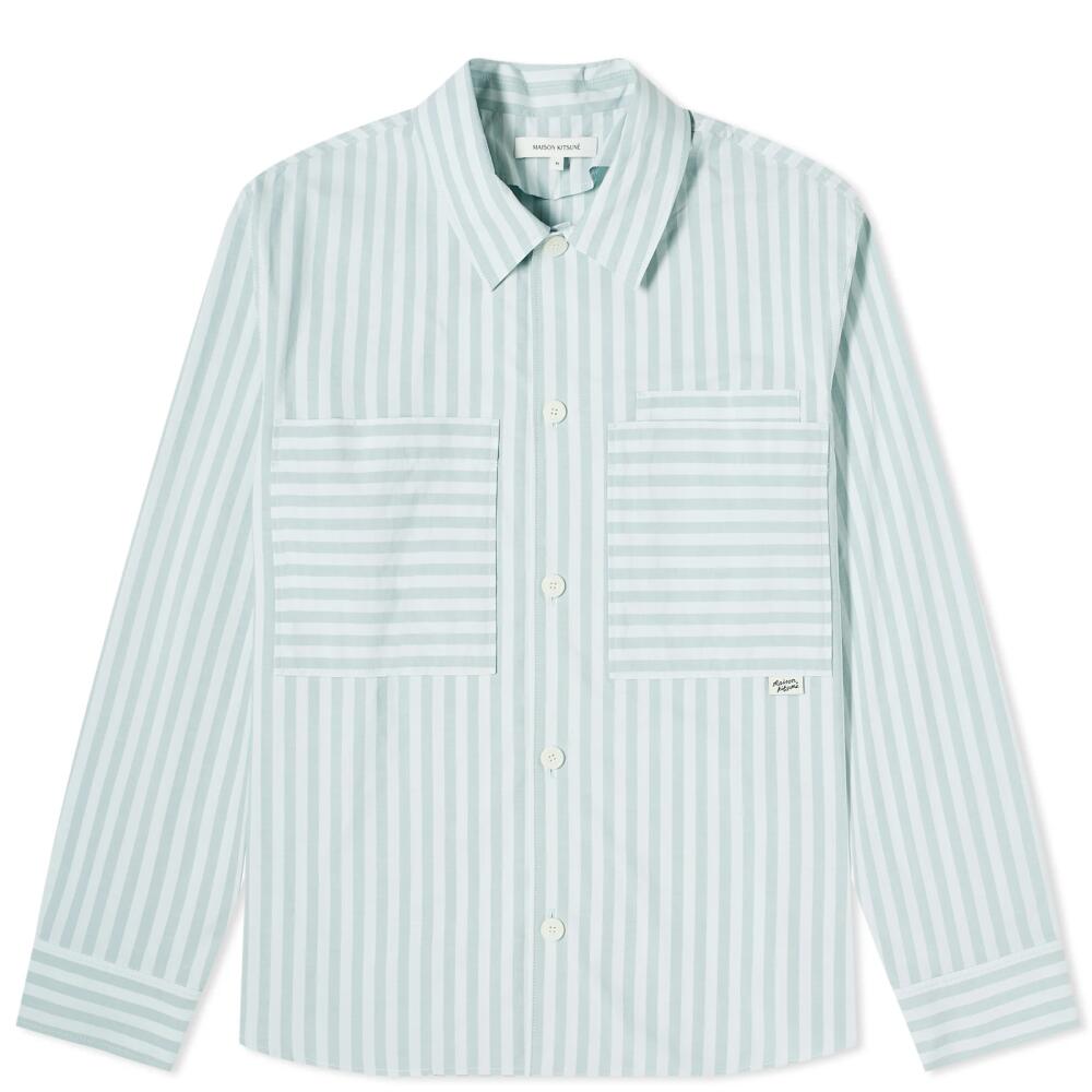 Maison Kitsuné Men's Stripe Pocket Tab Overshirt in Ice Blue Stripe Cover