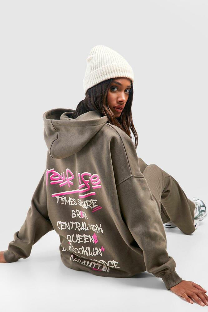 boohoo Womens Tour Life Graffiti Slogan Oversized Hoodie - Beige Cover