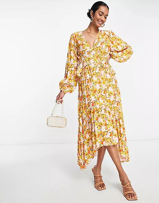 Y.A.S tie back hanky hem midi dress in yellow 70s floral Cover