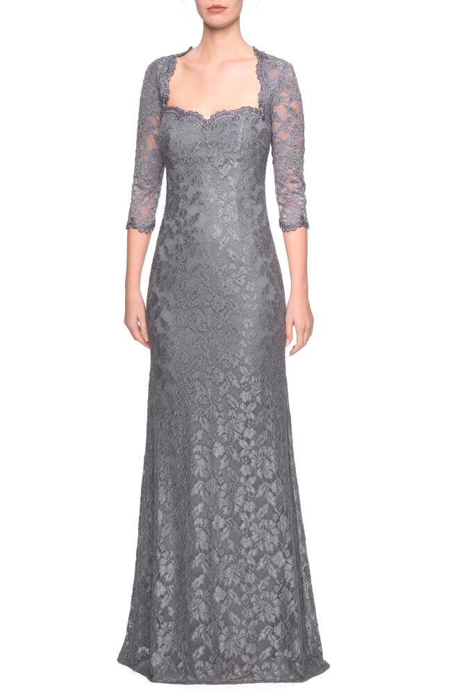 La Femme Lace Trumpet Gown in Platinum Cover