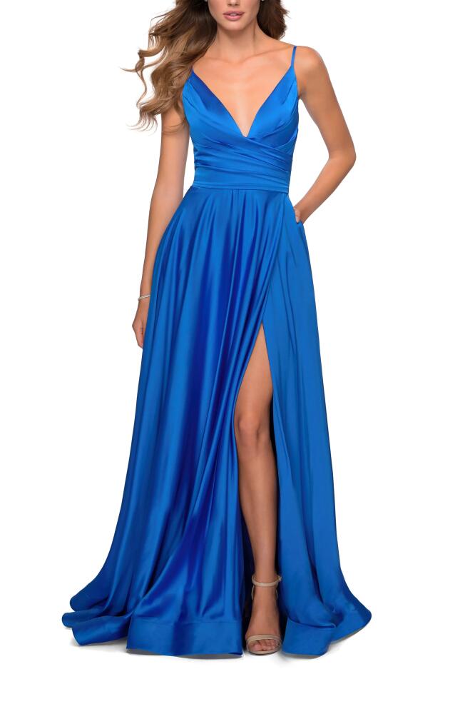 La Femme Strappy Back Satin Ballgown in Royal Blue Cover