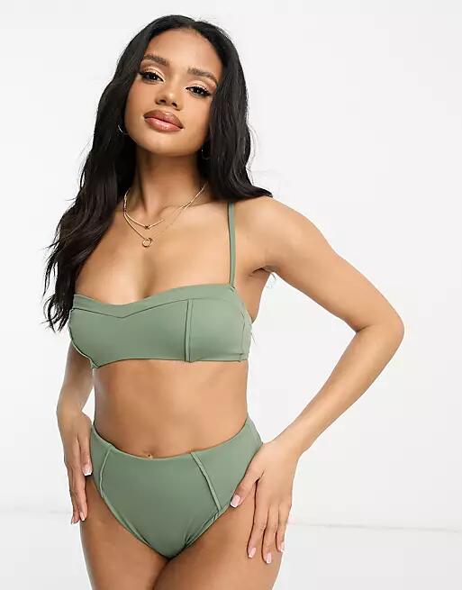 ASOS DESIGN seam detail crop bikini top in khaki-Green Cover