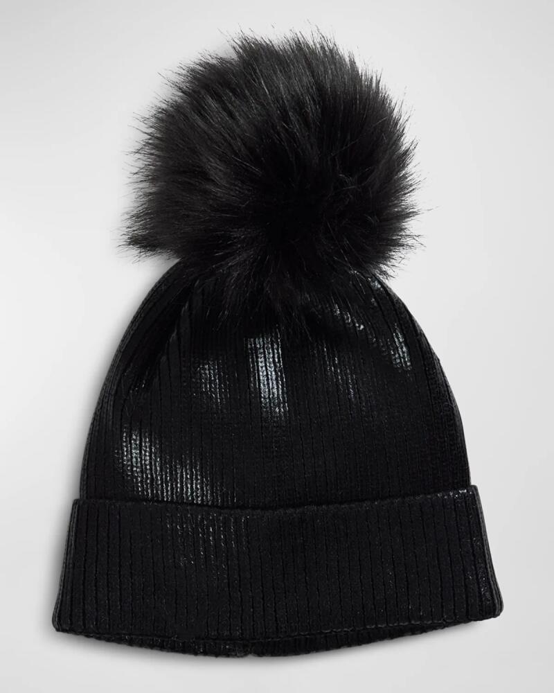 Fabulous Furs Metallic Ribbed Beanie with Faux Fur Pom Cover