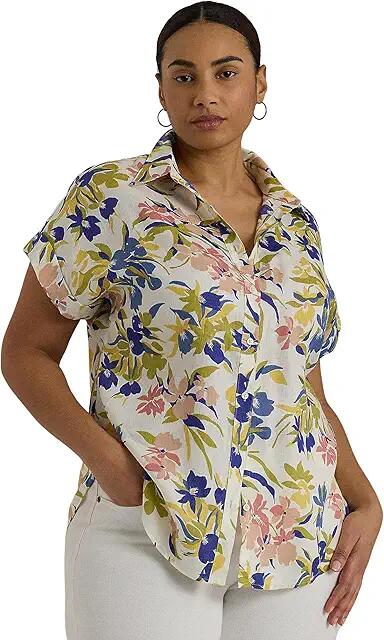 Lauren Ralph Lauren Plus-Size Relaxed Fit Floral Short-Sleeve Shirt (Cream/Blue Multi) Women's Clothing Cover