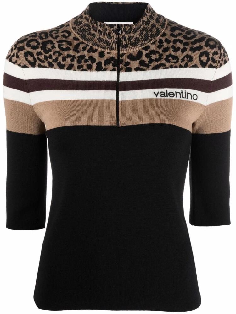 Valentino Garavani leopard print panel half-zip jumper - Black Cover