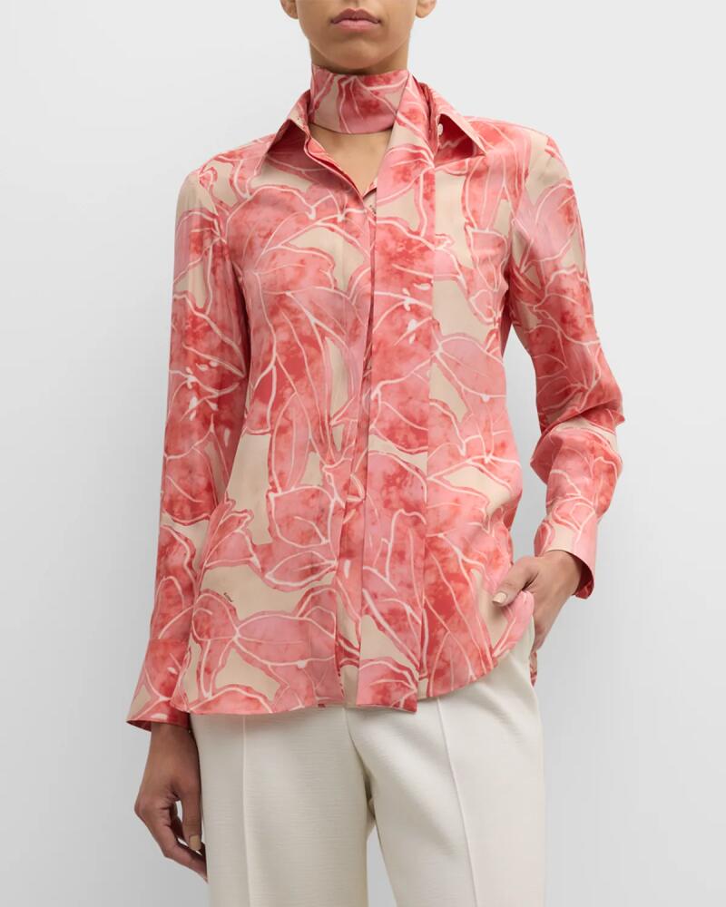 Kiton Floral-Print Long-Sleeve Neck-Scarf Silk Blouse Cover