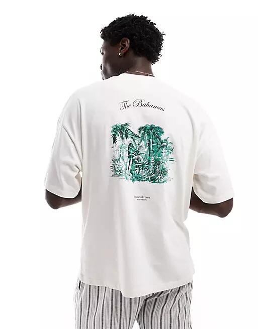 Selected Homme oversized t-shirt with bahamas backprint in cream-White Cover