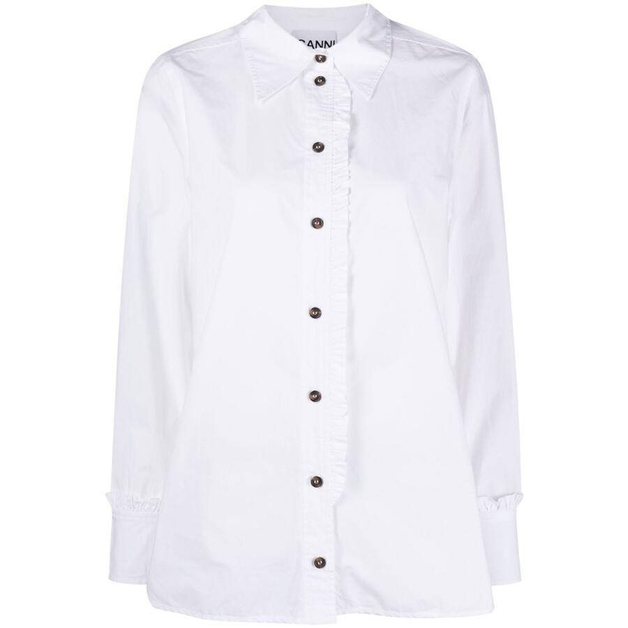 Ganni Ladies Bright White Cotton Poplin Ruffle Shirt Cover