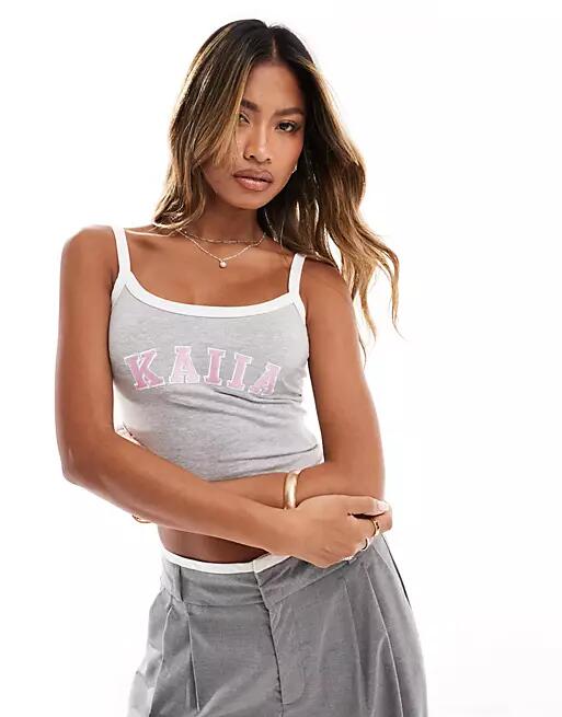 Kaiia contrast trim embroidered logo crop cami top in light gray heather Cover