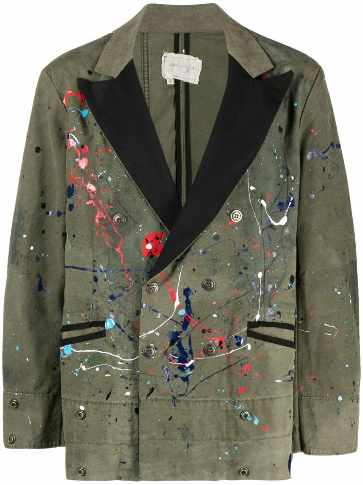 Greg Lauren paint-splatter double-breasted blazer - Green Cover