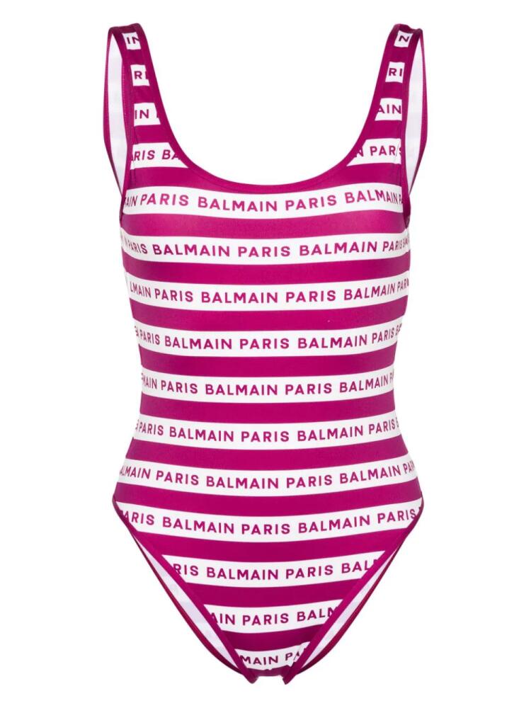 Balmain logo-print striped swimsuit - Purple Cover