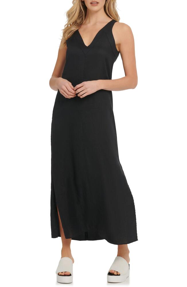 DKNY V-Neck Linen Maxi Dress in Black Cover