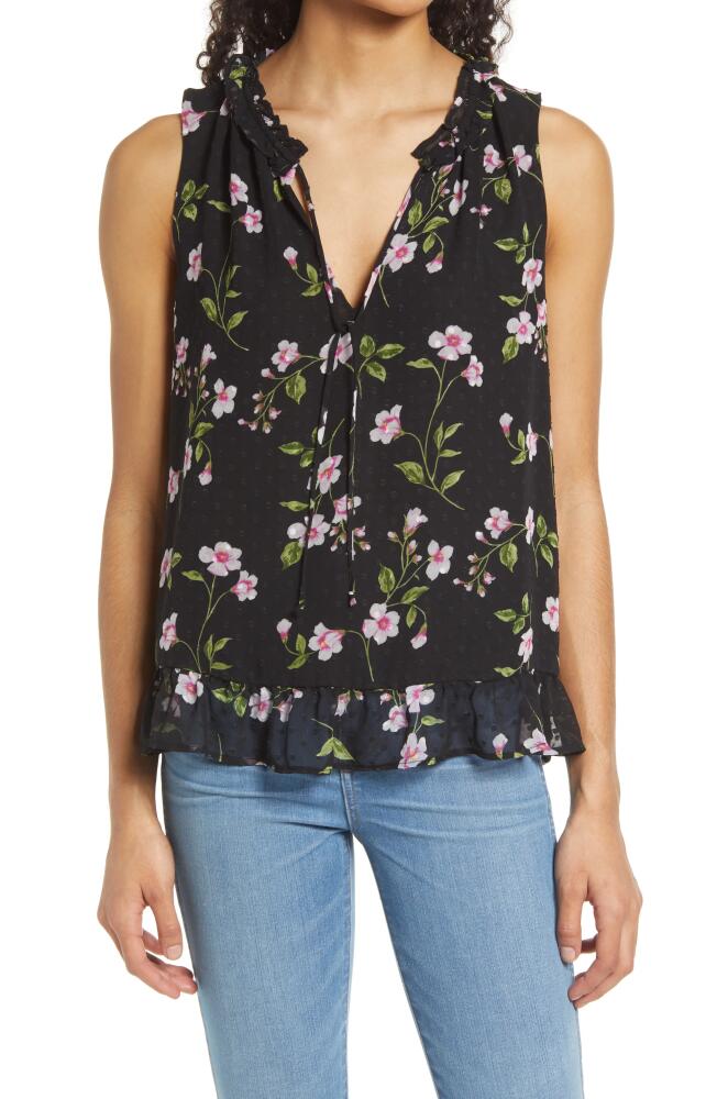 GIBSONLOOK Floral Ruffle Sleeveless Blouse in Black Dot Floral Cover