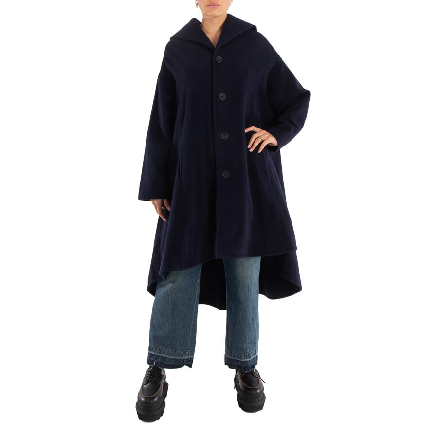 Yohji Yamamoto Navy Airy Mosser B Collar Flare Coat Cover