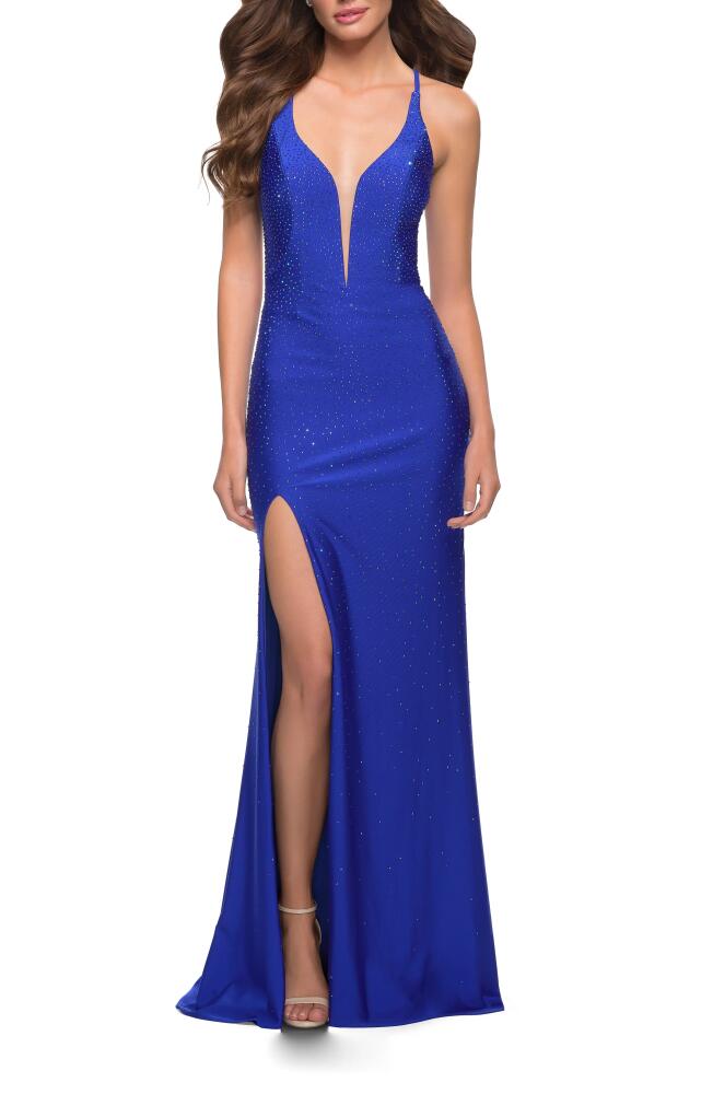 La Femme Rhinestone Plunge Neck Jersey Gown in Royal Blue Cover