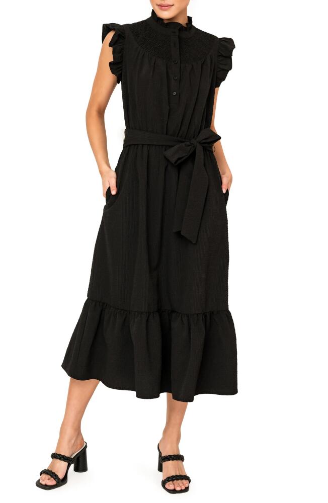 GIBSONLOOK Textured Smocked Ruffle Midi Dress in Black Cover