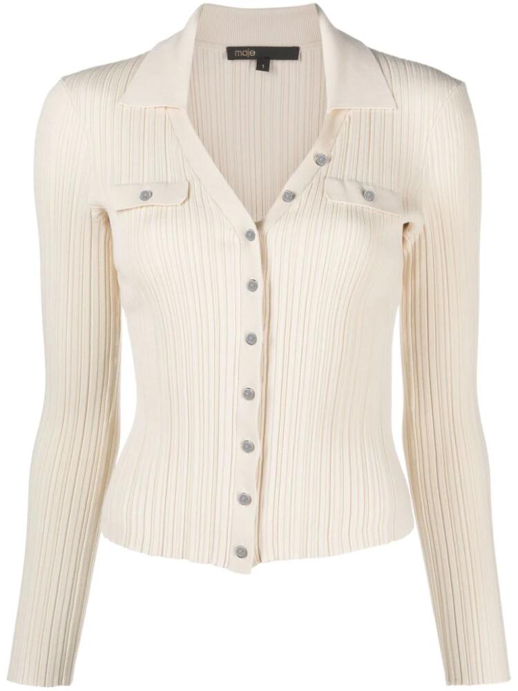 Maje spread-collar ribbed-knit cardigan - Neutrals Cover