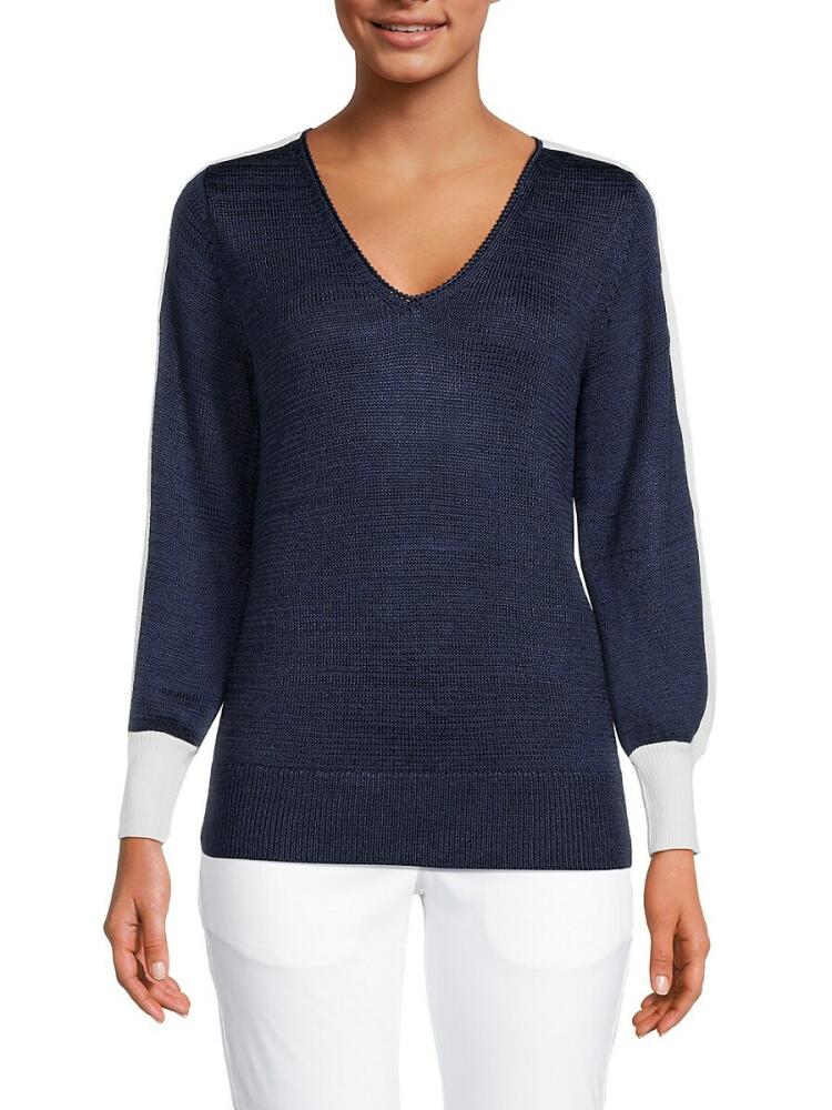 Elie Elie Tahari Women's V Neck Stripe Sweater - Naval Ivory Cover