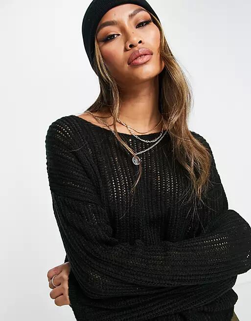 ASOS DESIGN longline sweater in open stitch in black Cover