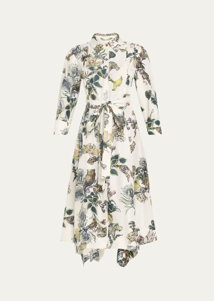 Jason Wu Collection Forest Floral Belted Silk Twill Shirtdress, White Cover