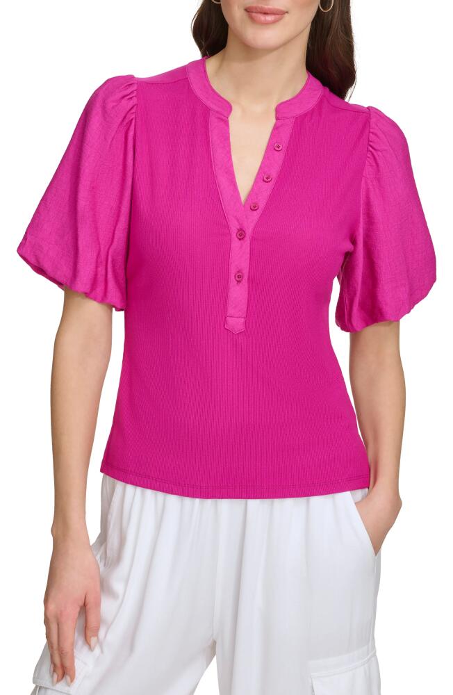 DKNY Rib Crinkle Sleeve Henley Top in Raspberry Cocktail Cover