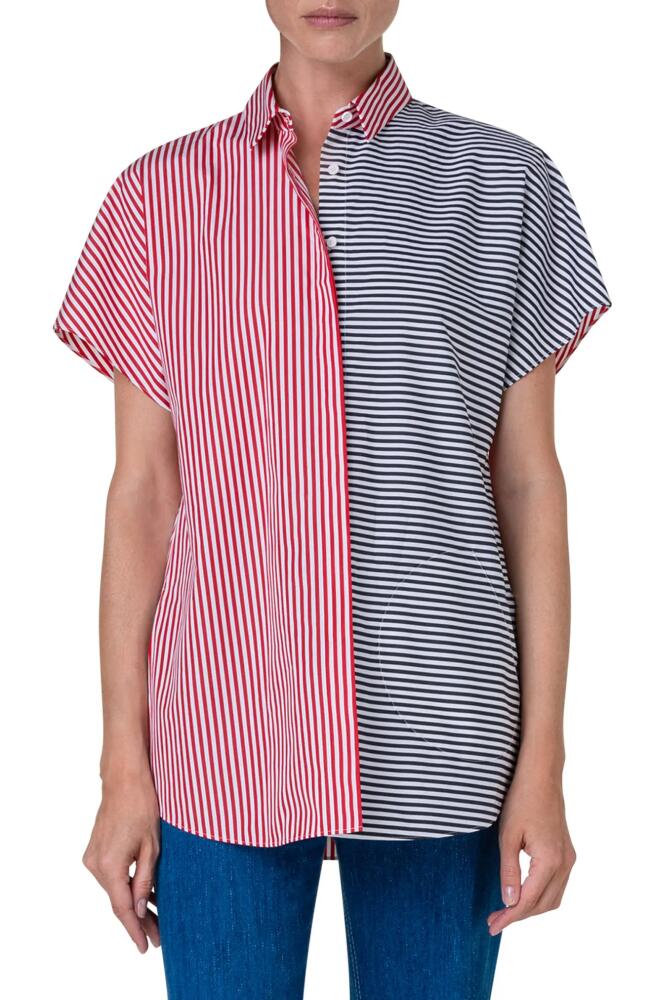 Akris punto Two-Tone Directional Stripe Short Sleeve Button-Up Cotton Shirt in Cream-Red-Black Cover