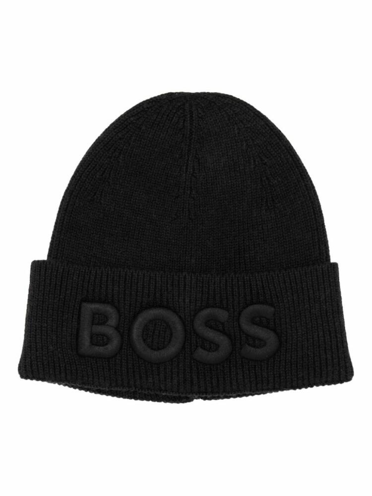 BOSS logo-embroidered fisherman's-knit beanie - Black Cover