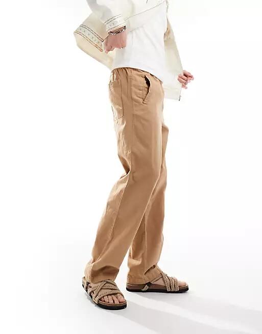 ASOS DESIGN relaxed pull on linen pants in washed tan-Brown Cover