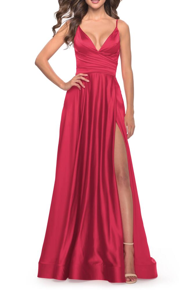 La Femme Strappy Back Satin Ballgown in Red Cover