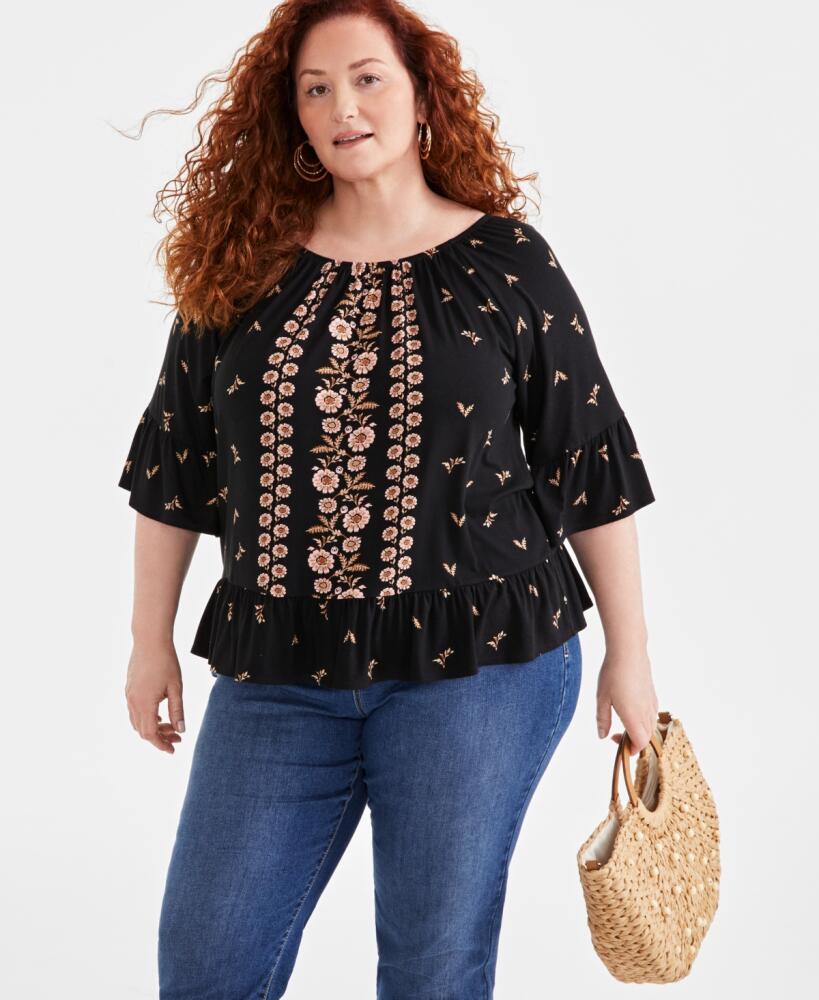 Style & Co Plus Size Printed 3/4-Sleeve Top, Created for Macy's - Vine Black Cover