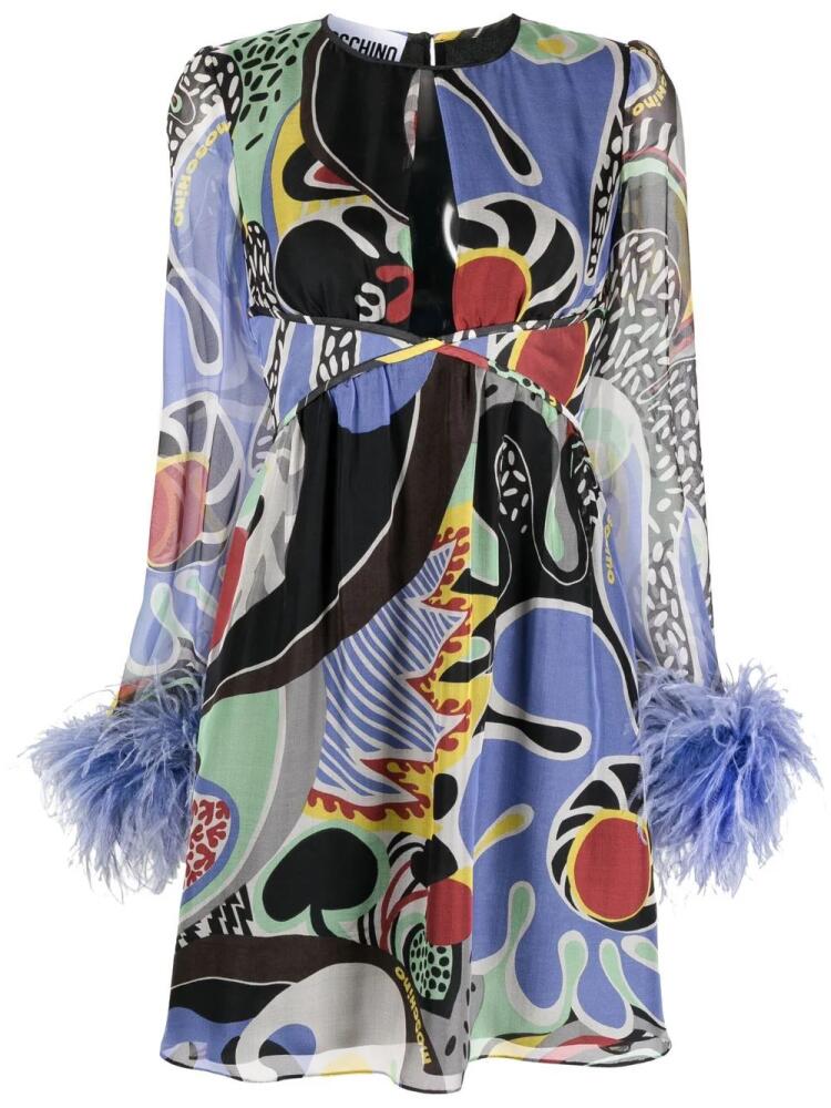 Moschino feather-trim psychedelic print dress - Black Cover