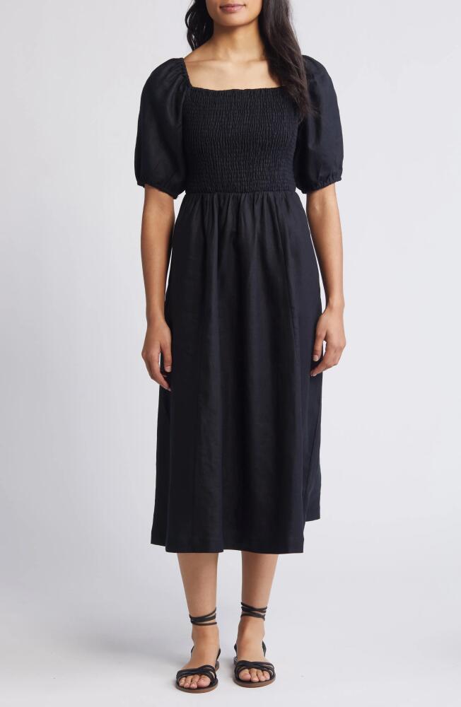 Boden Sky Smocked Short Sleeve Linen Midi Dress in Black Cover