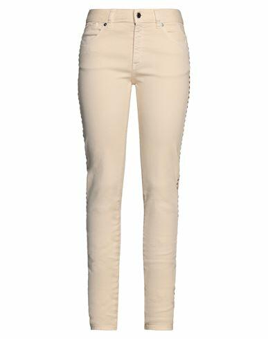 Just Cavalli Woman Jeans Beige Cotton, Elastane, Bovine leather, Aluminum Cover