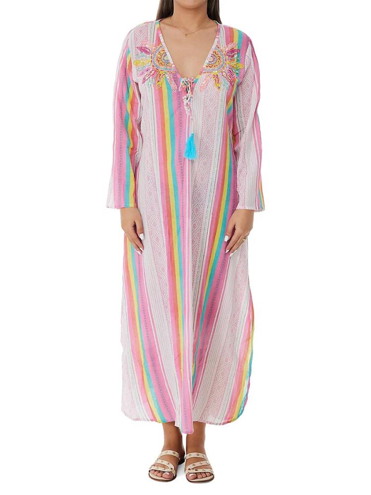 Ranee's Women's Striped Beaded Maxi Beach Coverup - Pink Cover