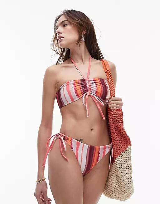 Topshop halter bikini top in abstract pink stripe-Multi Cover