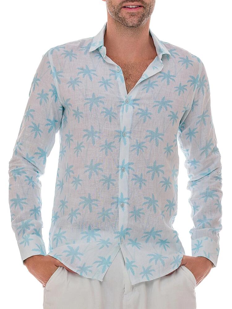 Ranee's Men's Palm Print Linen Shirt - White Blue Cover