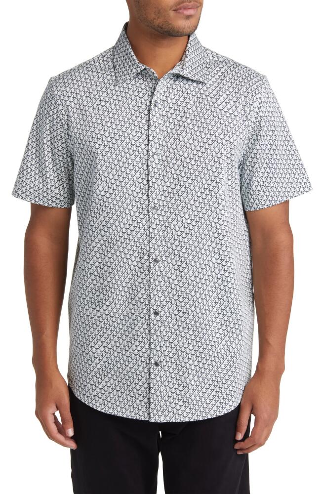 KARL LAGERFELD PARIS Logo Print Short Sleeve Stretch Cotton Button-Up Shirt in White Cover