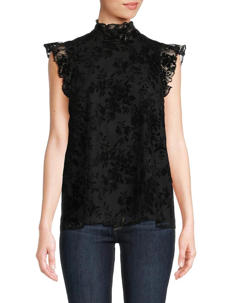 gibsonlook Women's Flocked Floral Flutter Top - Black Cover