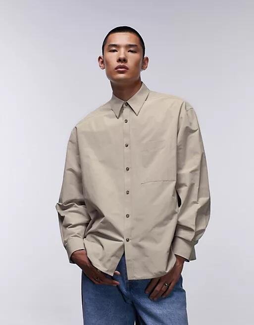 Topman Limited long sleeve oversized fit pointed collar shirt in beige-Brown Cover