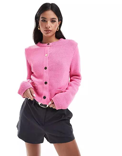 ASOS DESIGN crew neck cardigan with pocket detail in pink Cover