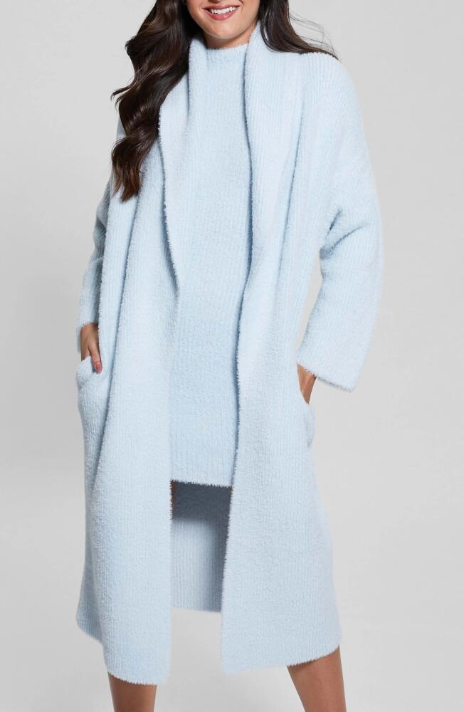 GUESS Vero Fuzzy Shawl Collar Longline Cardigan in Sky High Cover